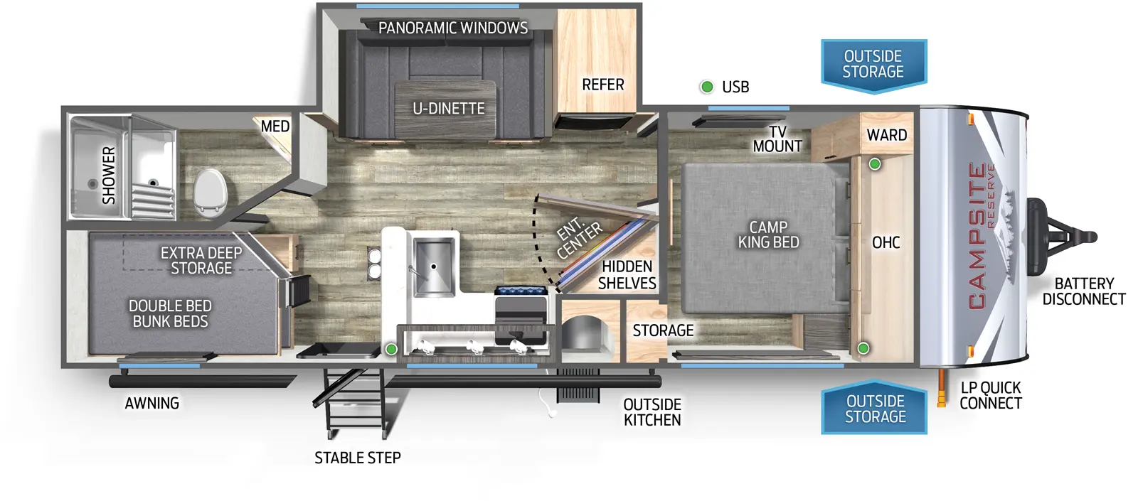 The Campsite Reserve 23LM floorplan has one entry and one slide out. Exterior features include: metal exterior and outside kitchen. Interiors features include: bunk beds, u-dinette and front bedroom.